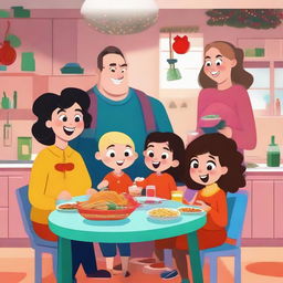 Two cartoon parents, along with their three teenage daughters, cheerfully preparing a festive meal and swapping gifts, inside a vibrant and colourful kitchen setting befitting of a heartwarming animated holiday special