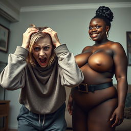 A dramatic scene set in a room featuring a young woman with medium-length blonde hair, appearing malnourished, aged 22, with blue eyes