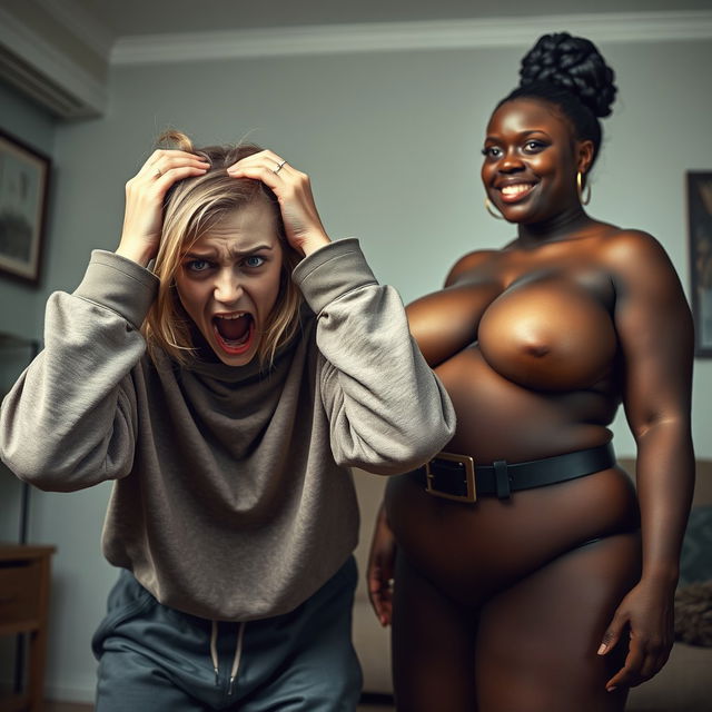 A dramatic scene set in a room featuring a young woman with medium-length blonde hair, appearing malnourished, aged 22, with blue eyes