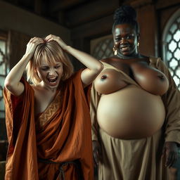 In a medieval room, a dramatic scene features a young, malnourished woman with medium-length blonde hair, aged 22, and blue eyes