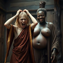 In a medieval room, a dramatic scene features a young, malnourished woman with medium-length blonde hair, aged 22, and blue eyes