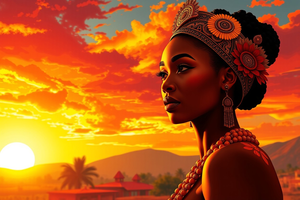 A stunning close-up of a majestic sunset scene transformed into a magical 2D vector artwork, showcasing an exciting blend of vibrant colors and bold shapes