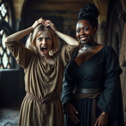 In a medieval room, a young, malnourished woman with medium-length blonde hair, aged 22, and blue eyes, is depicted in a state of desperation