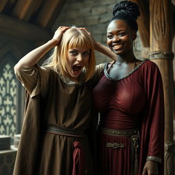 In a medieval room, a young, malnourished woman with medium-length blonde hair, aged 22, and blue eyes, is depicted in a state of desperation