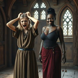 In a medieval room, a young, malnourished woman with medium-length blonde hair, aged 22, and blue eyes, is depicted in a state of desperation