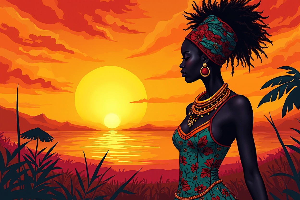 A dynamic 2D vector artwork featuring a close-up of a majestic sunset scene, transformed into an exciting blend of vibrant colors and bold shapes