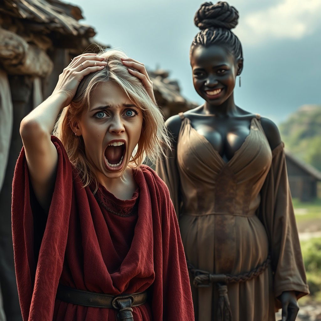 A scene set in a poor medieval village, depicting a 22-year-old malnourished blonde woman with medium-length hair, blue eyes, and a desperate expression