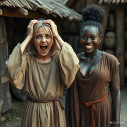 A scene set in a poor medieval village, depicting a 22-year-old malnourished blonde woman with medium-length hair, blue eyes, and a desperate expression