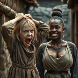 A scene set in a poor medieval village, depicting a 22-year-old malnourished blonde woman with medium-length hair, blue eyes, and a desperate expression