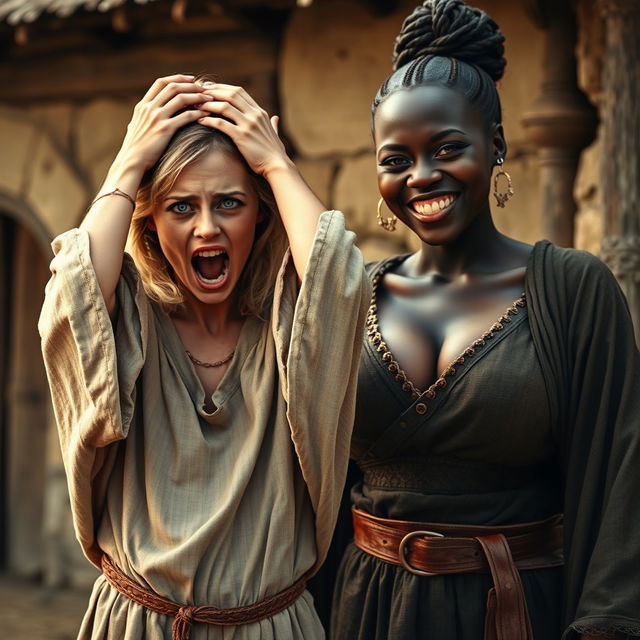A scene set in a poor medieval village, depicting a 22-year-old malnourished blonde woman with medium-length hair, blue eyes, and a desperate expression