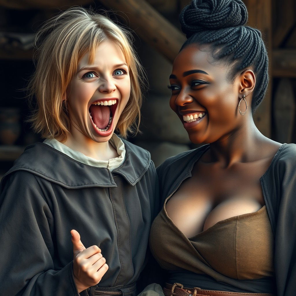 A scene set in a poor medieval village, featuring a 22-year-old malnourished blonde woman with medium-length hair, striking blue eyes, and small hands