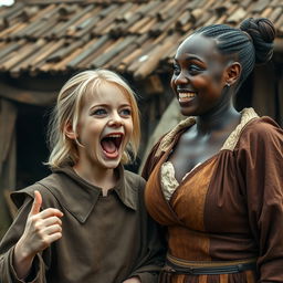 A scene set in a poor medieval village, featuring a 22-year-old malnourished blonde woman with medium-length hair, striking blue eyes, and small hands