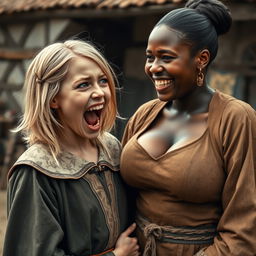 A scene set in a poor medieval village, featuring a 22-year-old malnourished blonde woman with medium-length hair, striking blue eyes, and small hands
