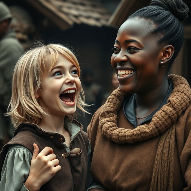 A scene set in a poor medieval village, featuring a 22-year-old malnourished blonde woman with medium-length hair, striking blue eyes, and small hands