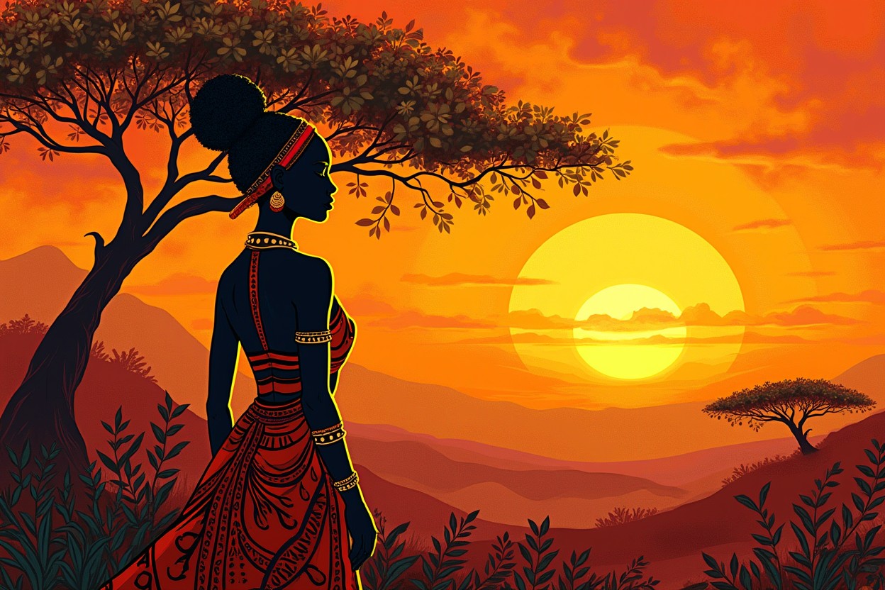 A close-up of a majestic sunset scene transformed into a vibrant and magical 2D vector abstract artwork, featuring an exciting blend of bold shapes and warm colors like orange, yellow, and deep red