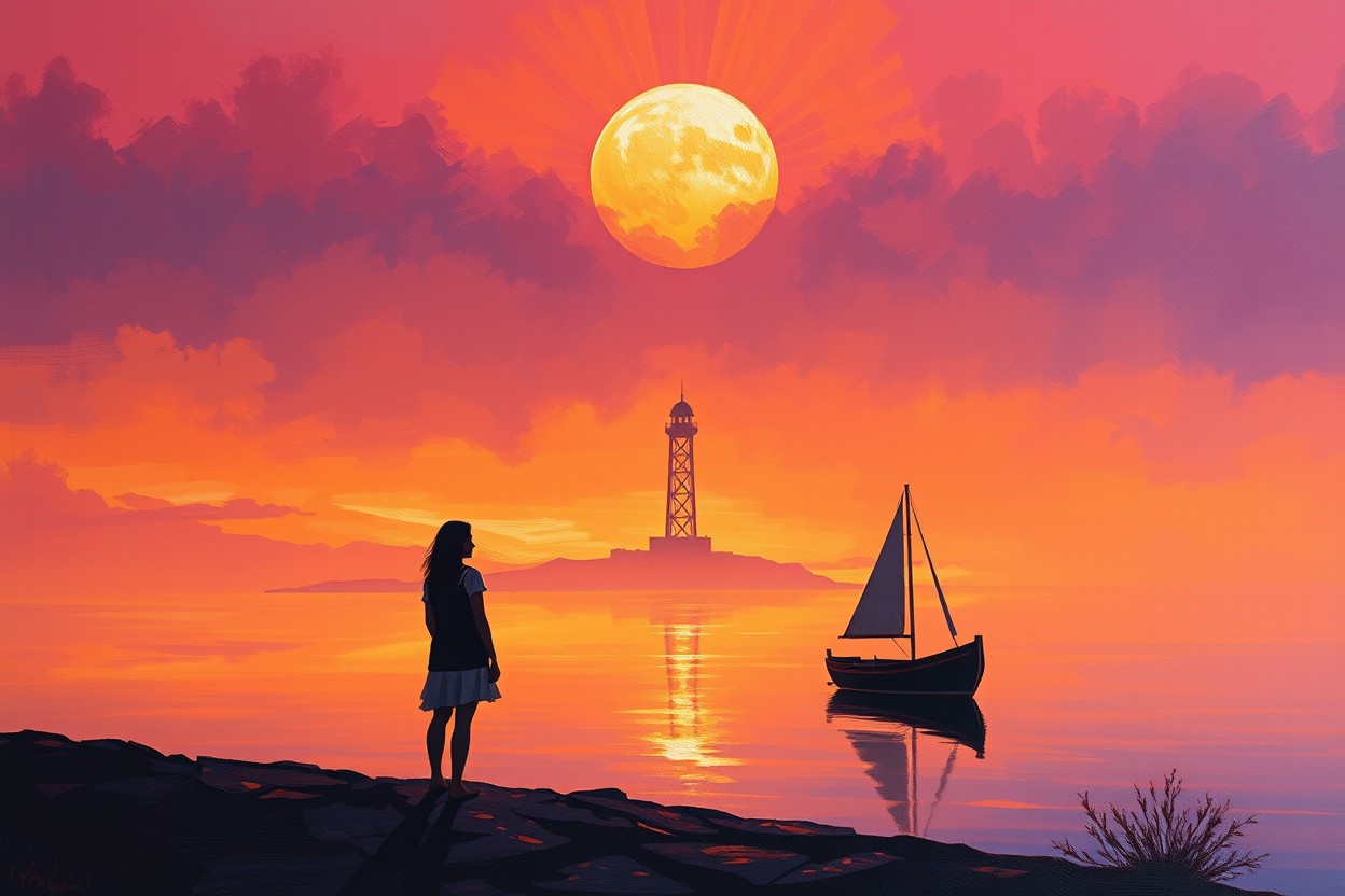 A serene and relaxing abstract artwork featuring a mystical sundown with harmonious lighting radiating from a central tower