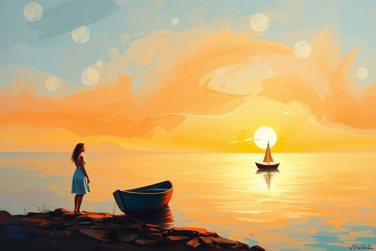 An abstract artwork featuring a relaxing and harmonic atmosphere, centered around a mystical sundown scene