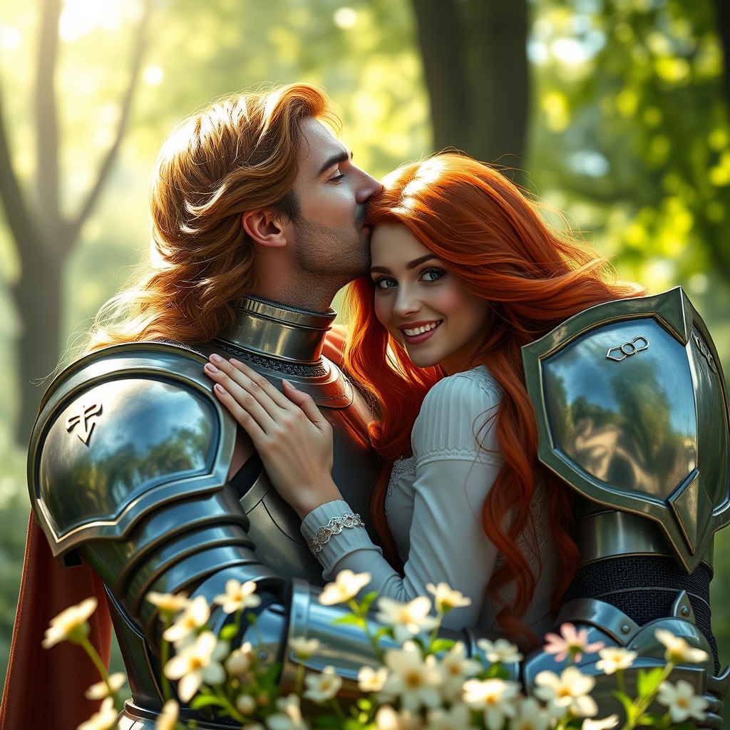 A handsome knight in shining armor gently kissing a beautiful woman with flowing red hair