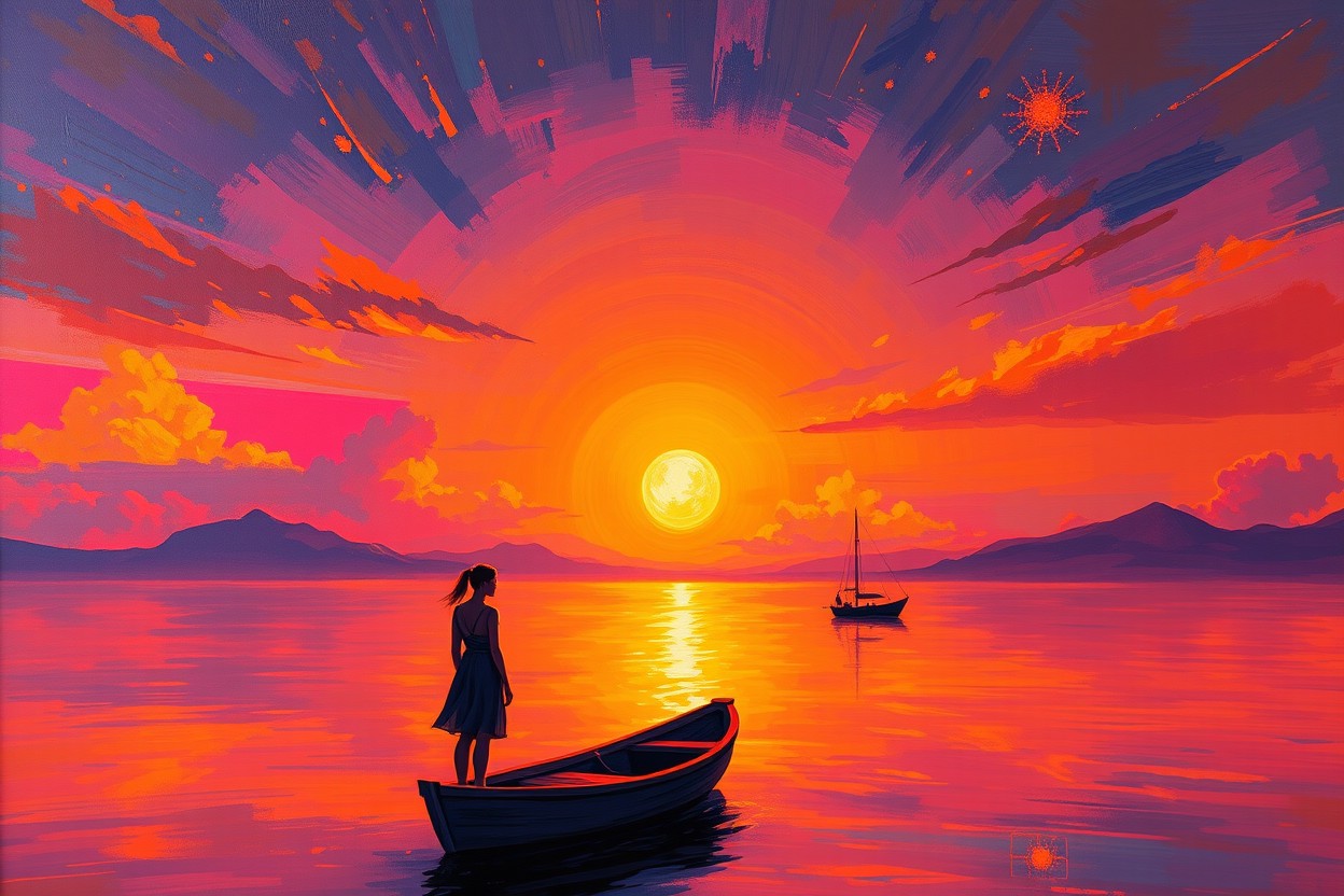 A relaxing abstract artwork featuring a mystical sundown with harmonic lighting emanating from a central tower