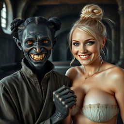 In a spacious medieval room, featuring a malevolent and emaciated black woman, around 30 years old, with completely black skin