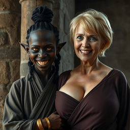 In a medieval room beside a stone pillar, a young, sinister African woman appears, about 30 years old, with deeply dark black skin and a low stature