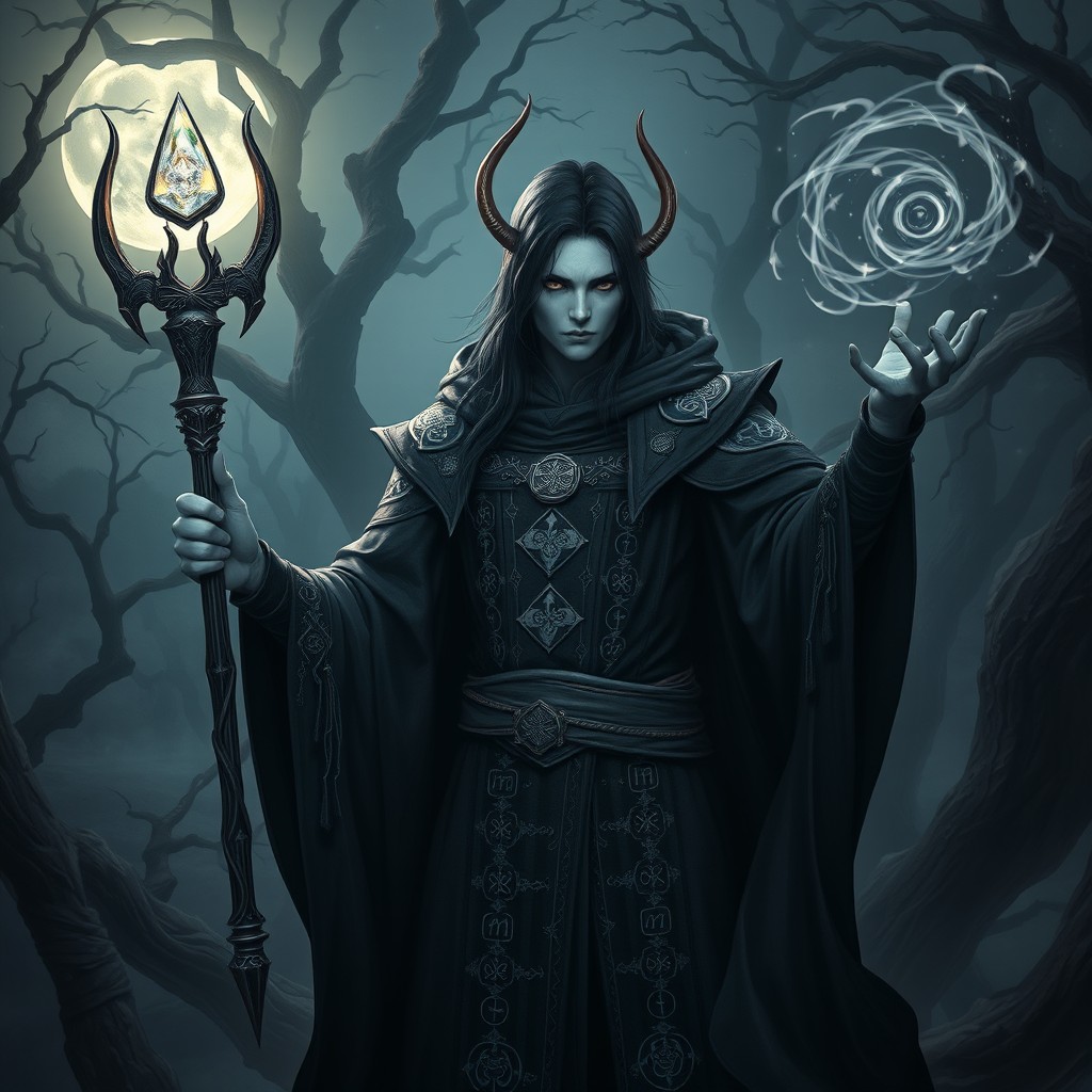 A mysterious and powerful black-haired Shadar-kai warlock standing in a dark, enchanted forest