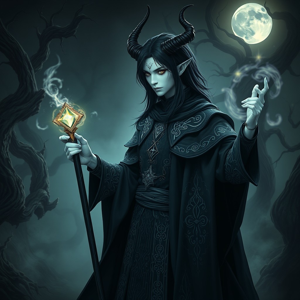 A mysterious and powerful black-haired Shadar-kai warlock standing in a dark, enchanted forest