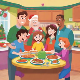 Two cartoon parents, along with their three teenage daughters, cheerfully preparing a festive meal and swapping gifts, inside a vibrant and colourful kitchen setting befitting of a heartwarming animated holiday special