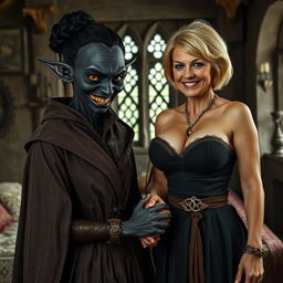 In a medieval bedroom, a sinister young woman, aged 30, with deeply black skin and a malnourished appearance, is depicted holding hands with a towering 70-year-old blonde woman
