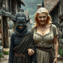 In a poor medieval village, a sinister young woman, aged 30, with deeply black skin and a malnourished appearance, walks hand in hand with a towering 70-year-old blonde woman