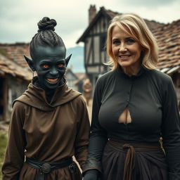 In a poor medieval village, a sinister young woman, aged 30, with deeply black skin and a malnourished appearance, walks hand in hand with a towering 70-year-old blonde woman