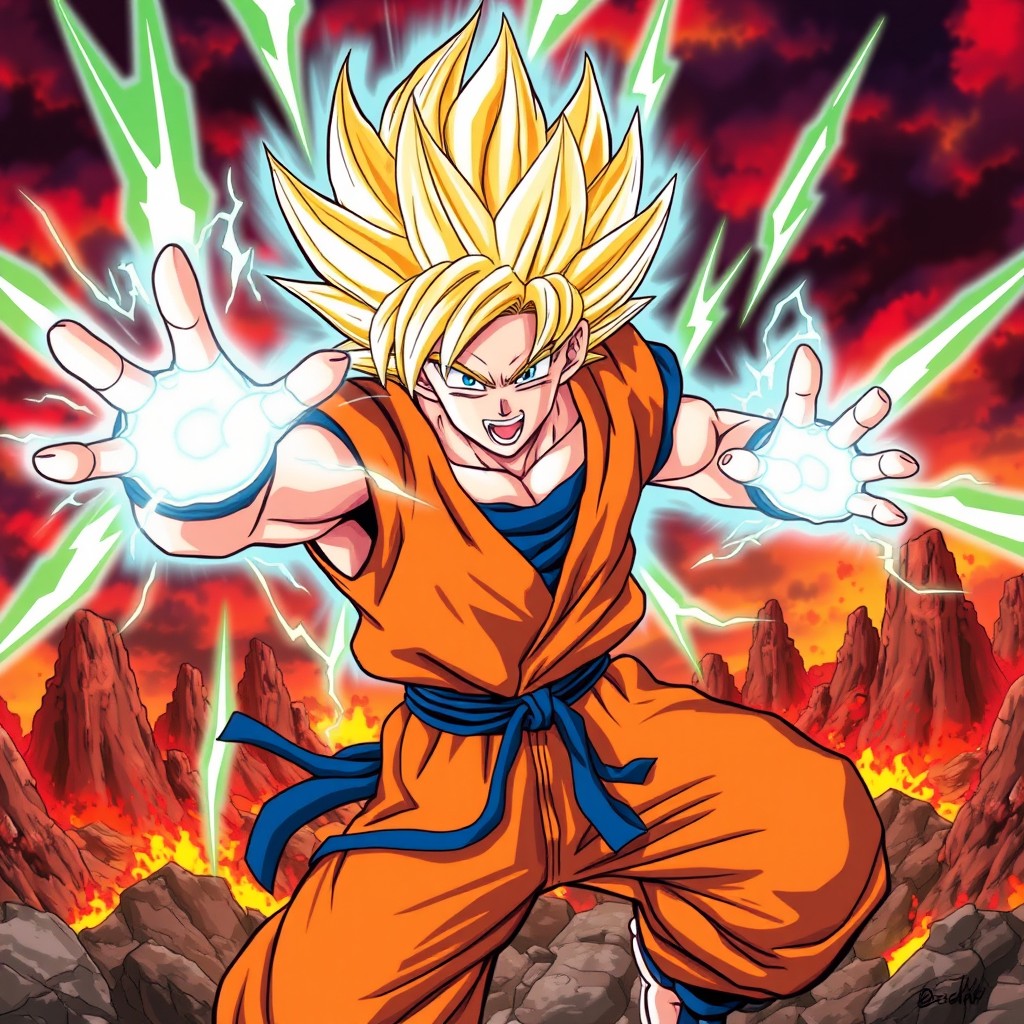 An intense and dynamic illustration of Goku from Dragon Ball Z in his Super Saiyan form, featuring spiky golden hair glowing with energy