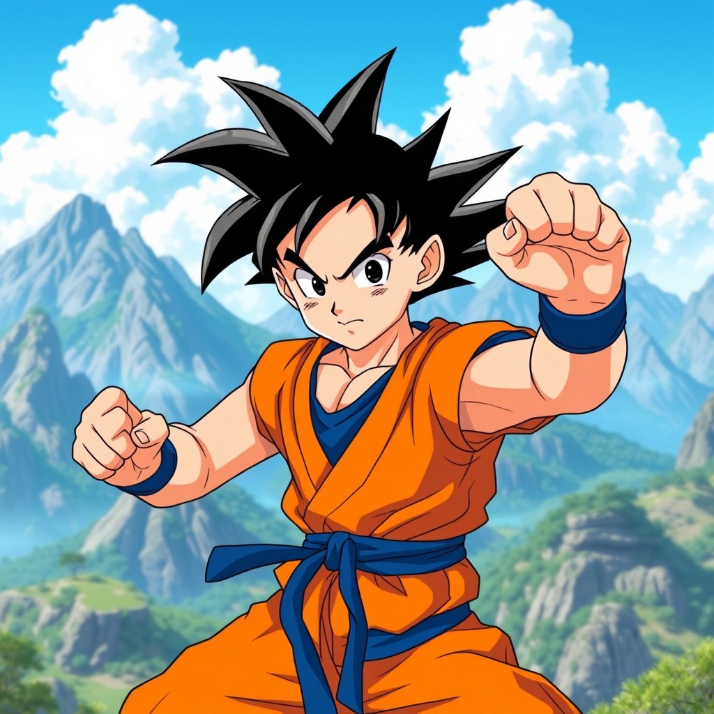 A young Goku in a defensive pose, showcasing his iconic spiky black hair and bright orange gi with a blue undershirt