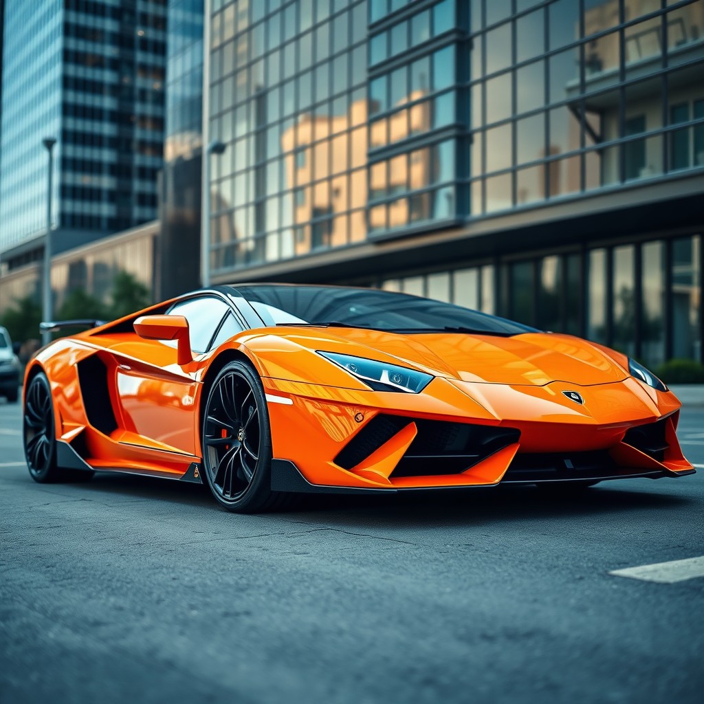 A stunning Lamborghini parked in an urban environment, showcasing its sleek design and vibrant color under the sunlight