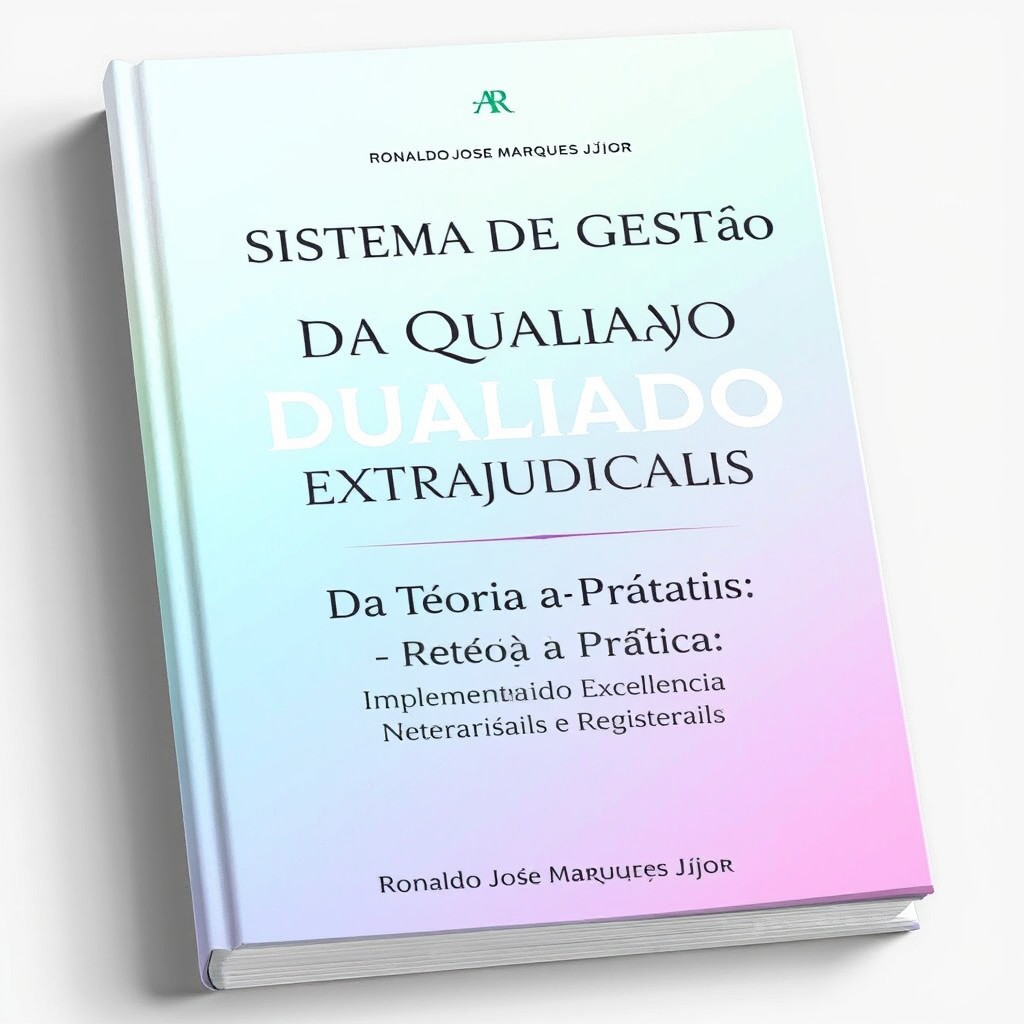 A book cover design for a business book titled 'Sistema de Gestão da Qualidade em Serventias Extrajudiciais - Da Teoria à Prática: Implementando Excelência em Serviços Notariais e Registrais', authored by Ronaldo José Marques Júnior