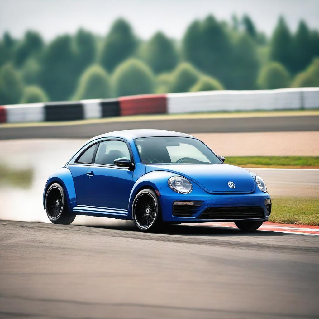 A tuned-up indigo blue Volkswagen New Beetle race car burning rubber on a race track, blurring the surroundings with its swift pace.