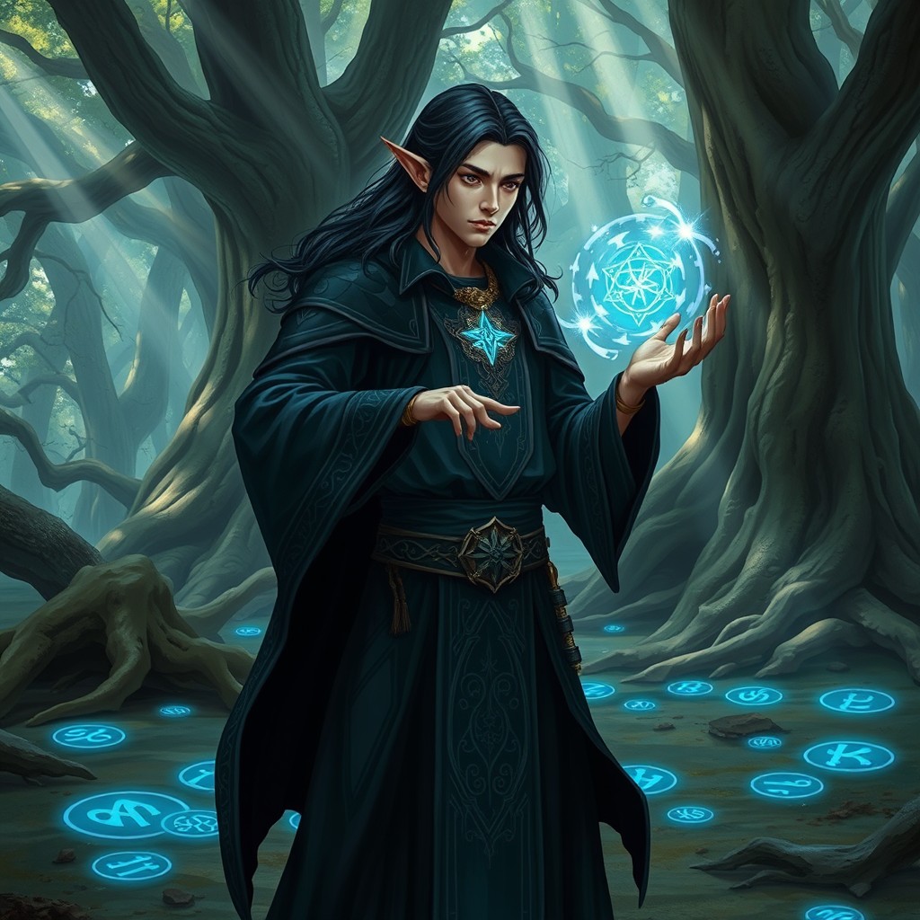 A male half-elf warlock standing in a mystical forest, casting a spell