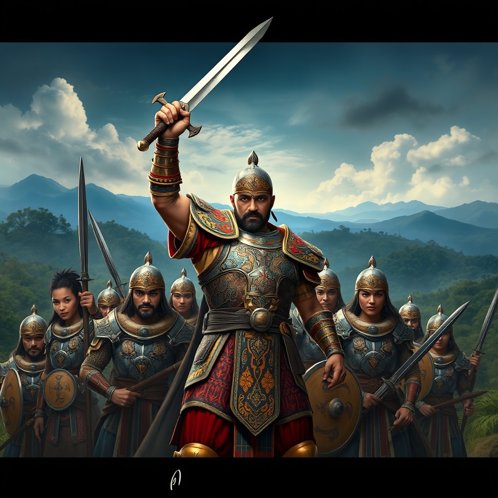 A heroic scene depicting Silva, a brave warrior, surrounded by the Warriors of the Belém Clan