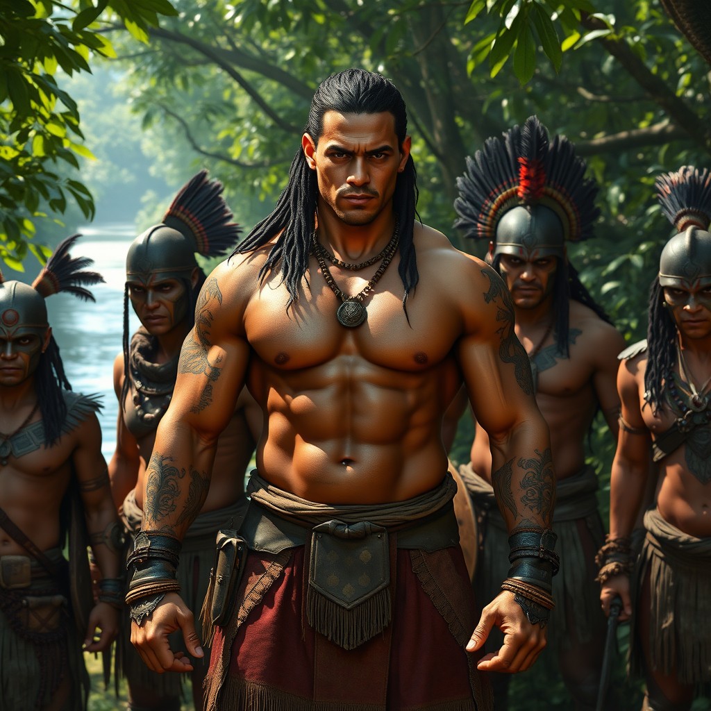 A powerful warrior named Silva, dressed in traditional Amazonian warrior attire, standing confidently among the fierce members of the Belém Clan