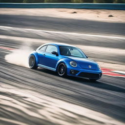 A tuned-up indigo blue Volkswagen New Beetle race car burning rubber on a race track, blurring the surroundings with its swift pace.