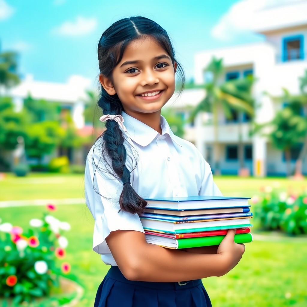A portrait of a young Indian school girl wearing a traditional school uniform, which consists of a white shirt and a navy blue skirt