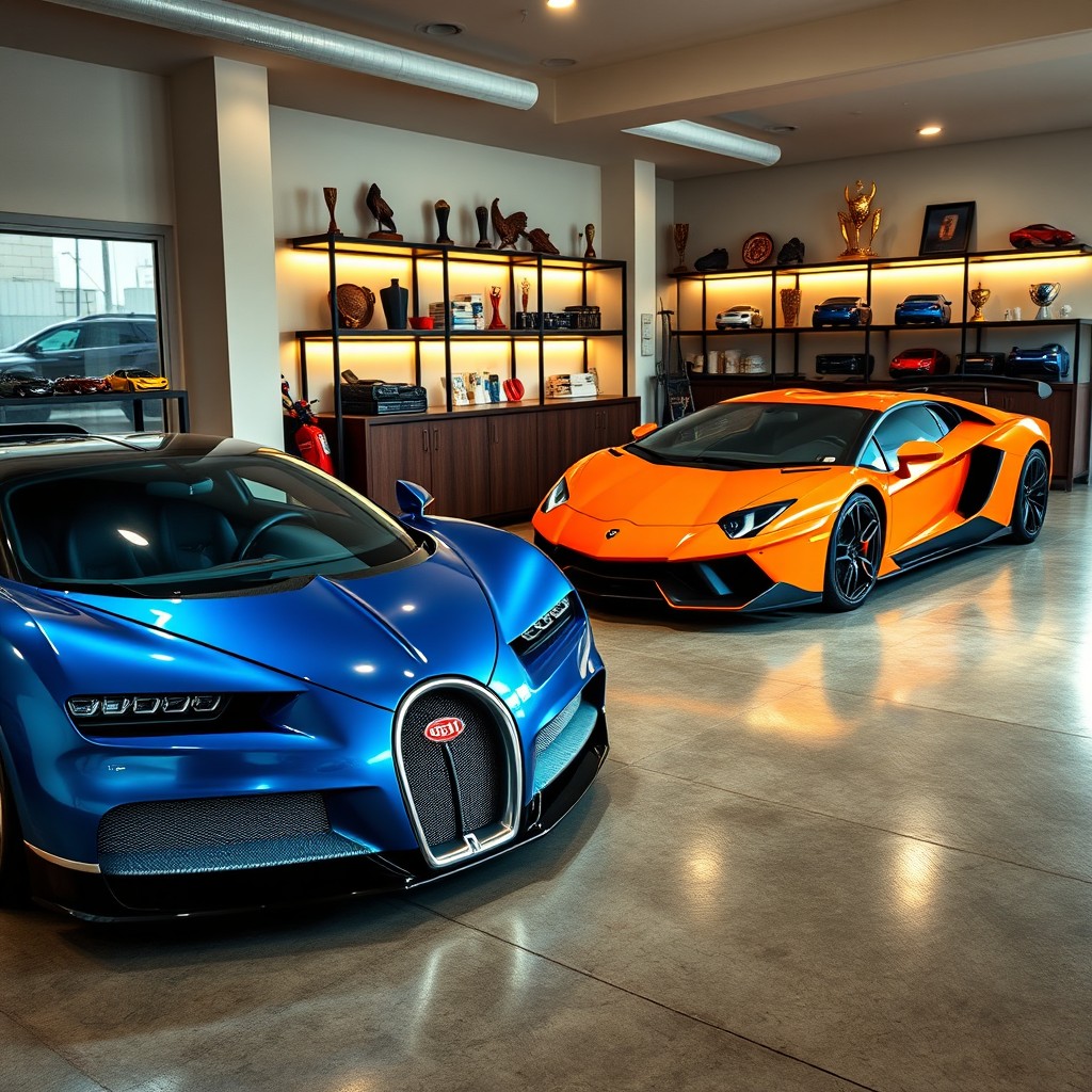 A luxurious garage in Brazil showcasing a stunning Bugatti and a sleek Lamborghini parked side by side