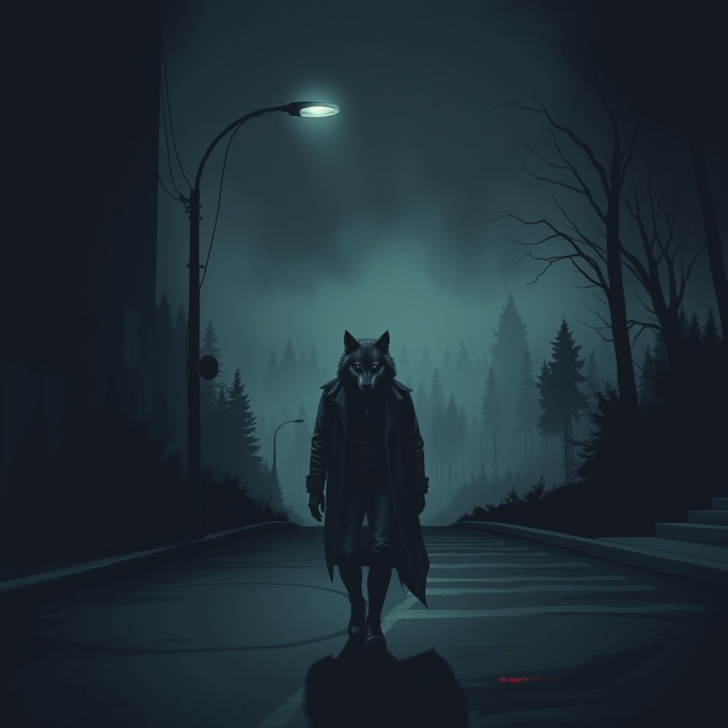 A dark and immersive illustration of a solitary wolf, half-man half-animal, walking down a deserted urban street under the pale light of a lamppost