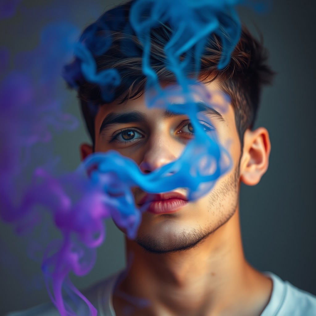 A young man with a captivating expression is partially enveloped in colorful smoke, which swirls around his face