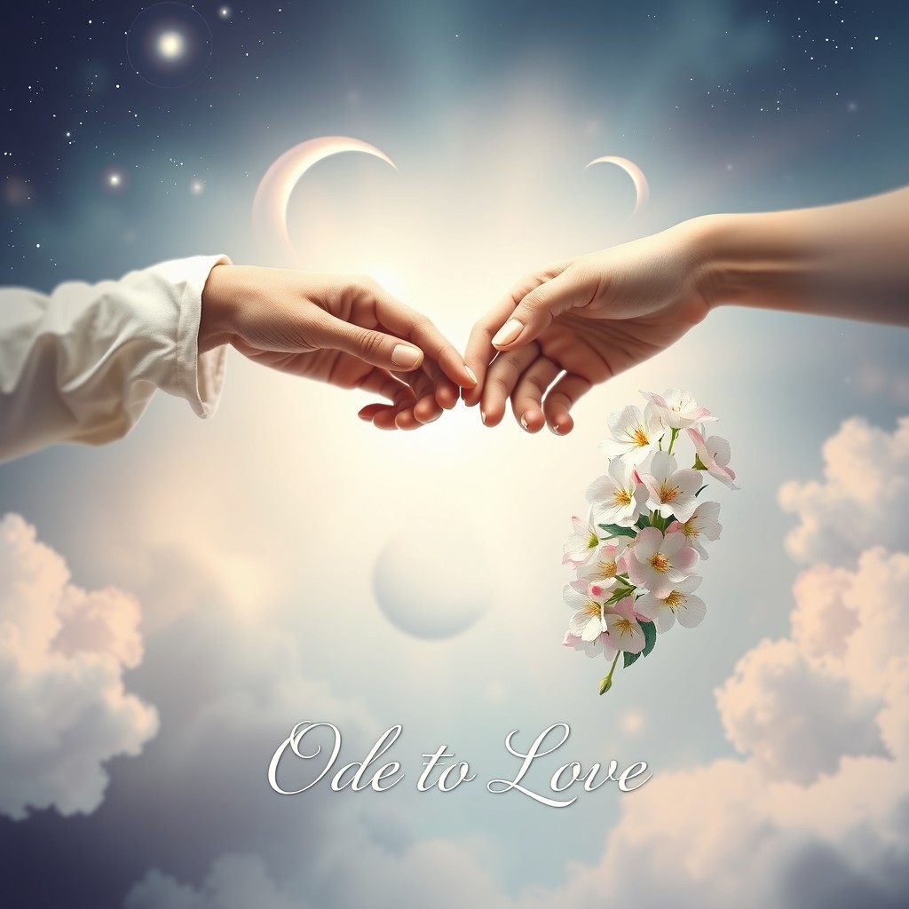 A poetic book cover titled 'Ode to Love', inspired by the famous image of God and Adam reaching out to each other