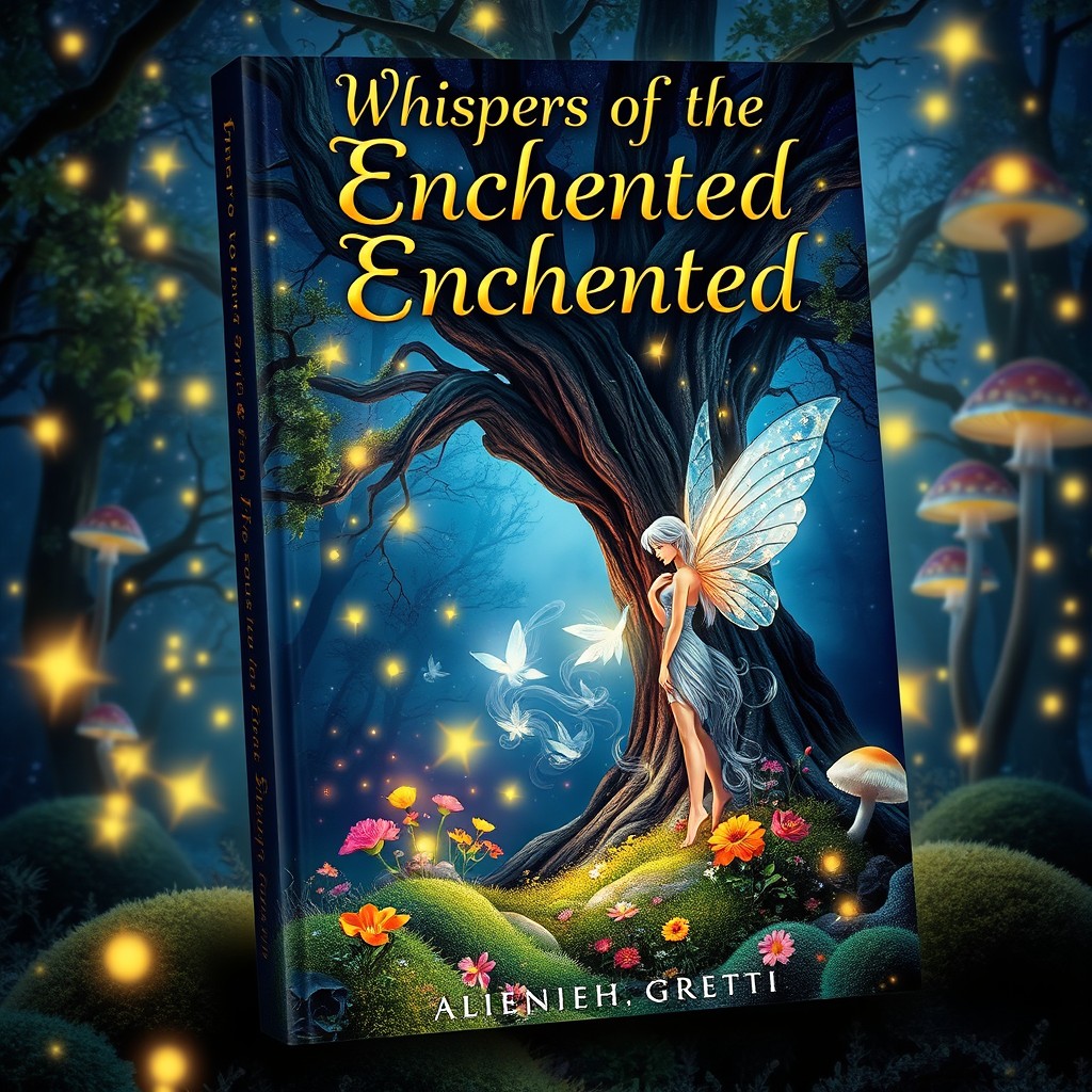 A stunning and vibrant book cover design featuring a magical forest at twilight, with luminous fireflies illuminating the scene
