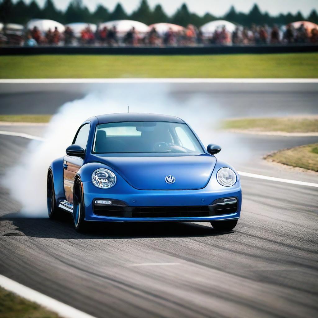 A tuned-up indigo blue Volkswagen New Beetle race car burning rubber on a race track, blurring the surroundings with its swift pace.