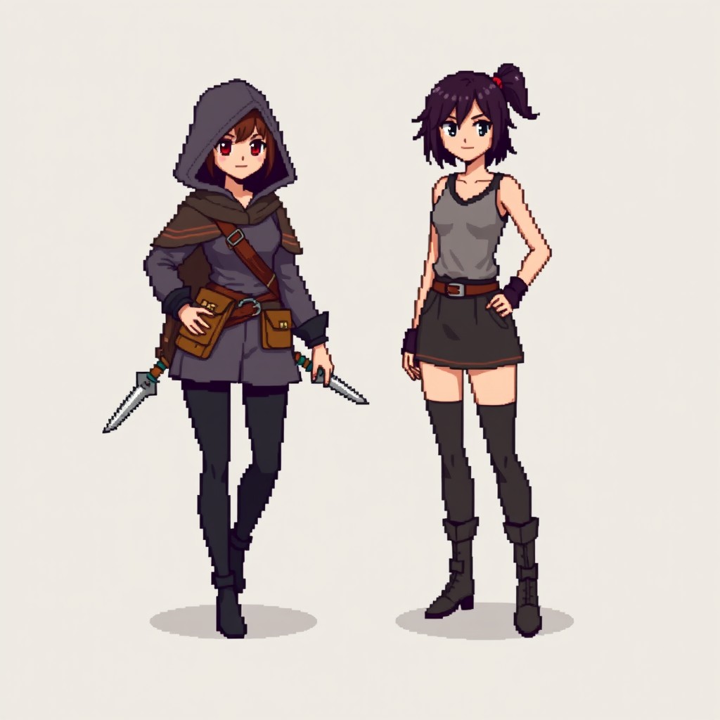 An 8-bit pixel-art style illustration featuring two female rogue characters designed for a minimalist RPG game