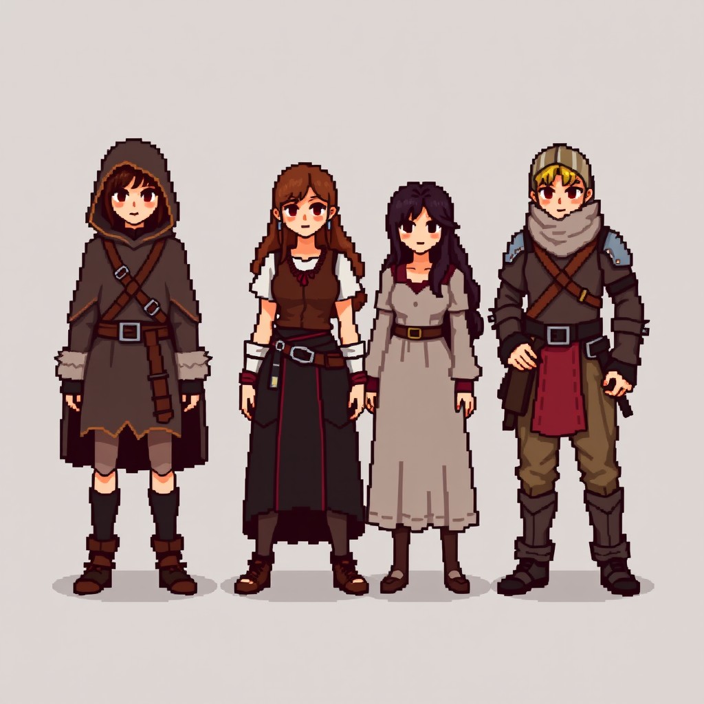 An 8-bit pixel-art style illustration featuring four female rogue characters designed for a minimalist RPG game, each wearing a distinct medieval outfit