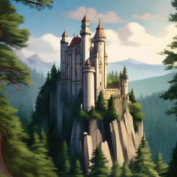 A grand castle majestically perched on the edge of a steep cliff, enveloped by a vast, dense forest of towering pine trees.